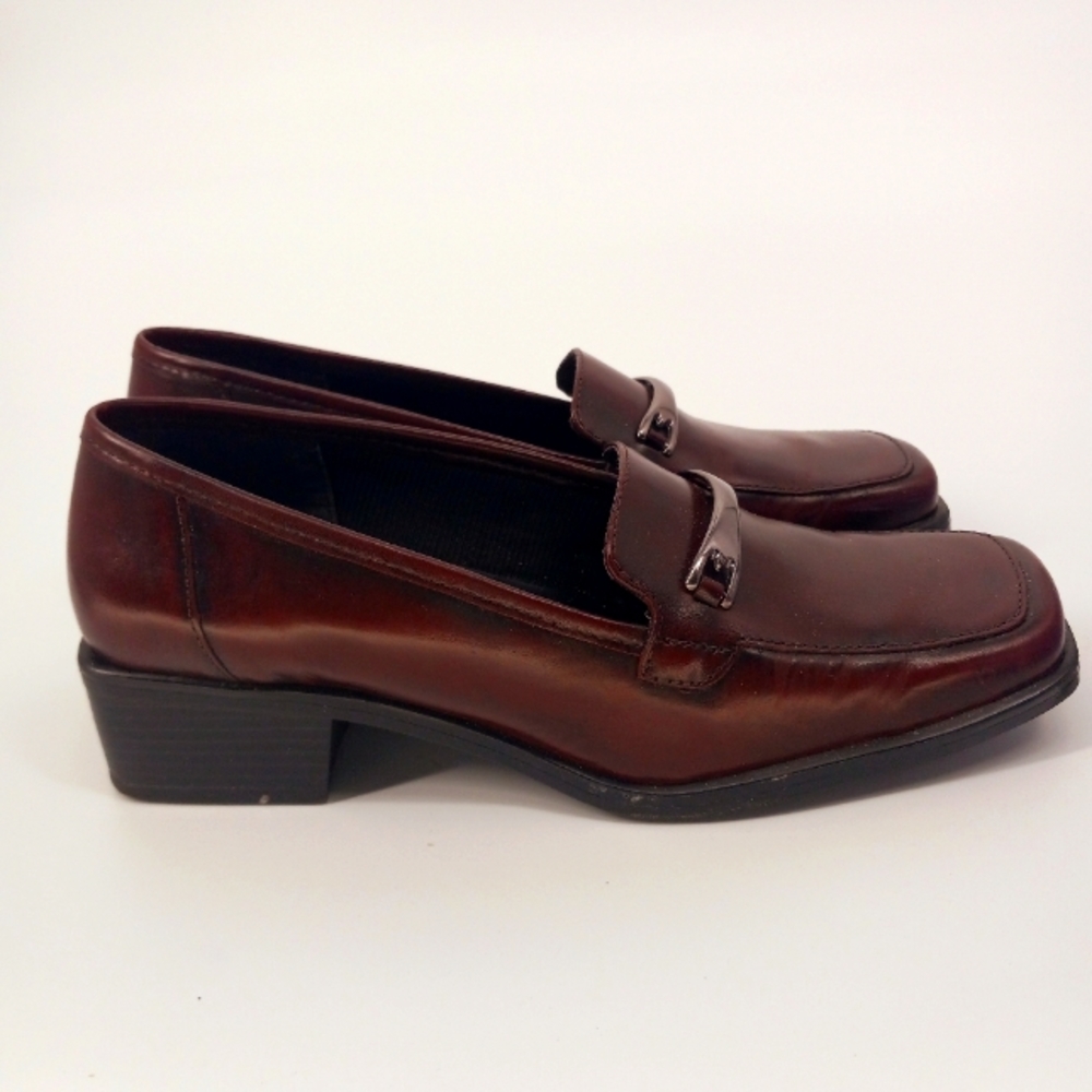 Life Stride Brown Leather Block Heel Loafers